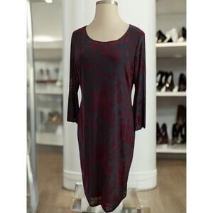 HAANI‎ 1X Wine Flocked Velvet Floral Print Bell Sleeve Hem